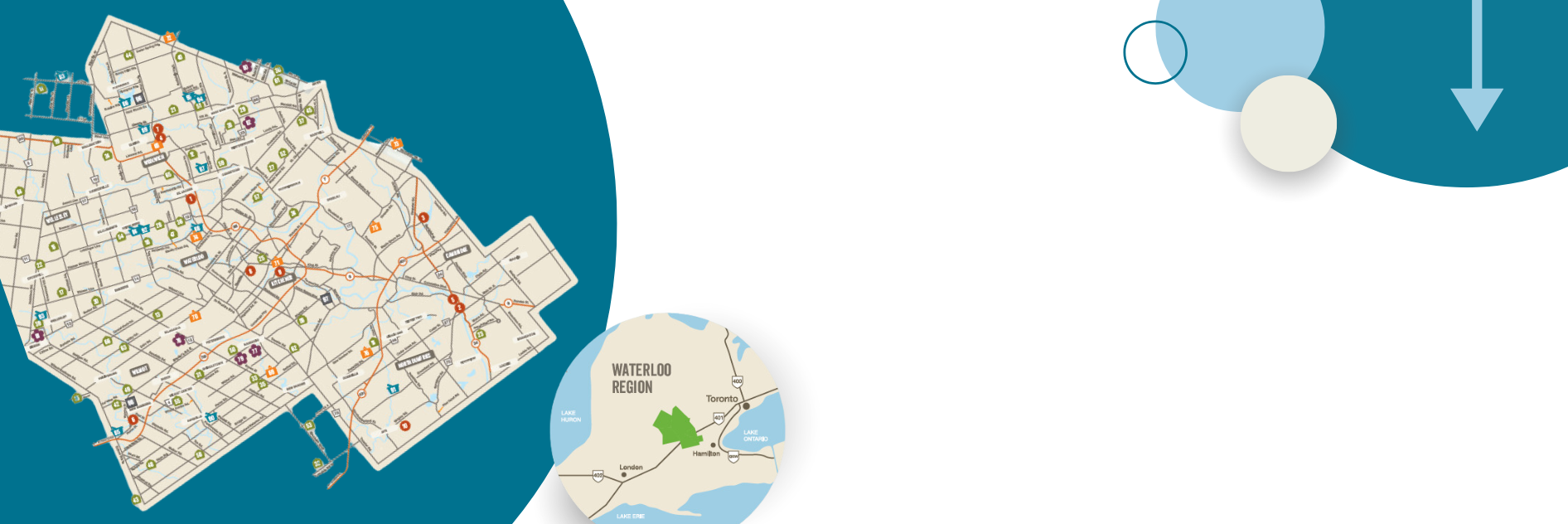 Map of waterloo region that highlights different places to eat 