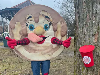 Large pancake character In Gore Park Elmira Maple Syrup Festival